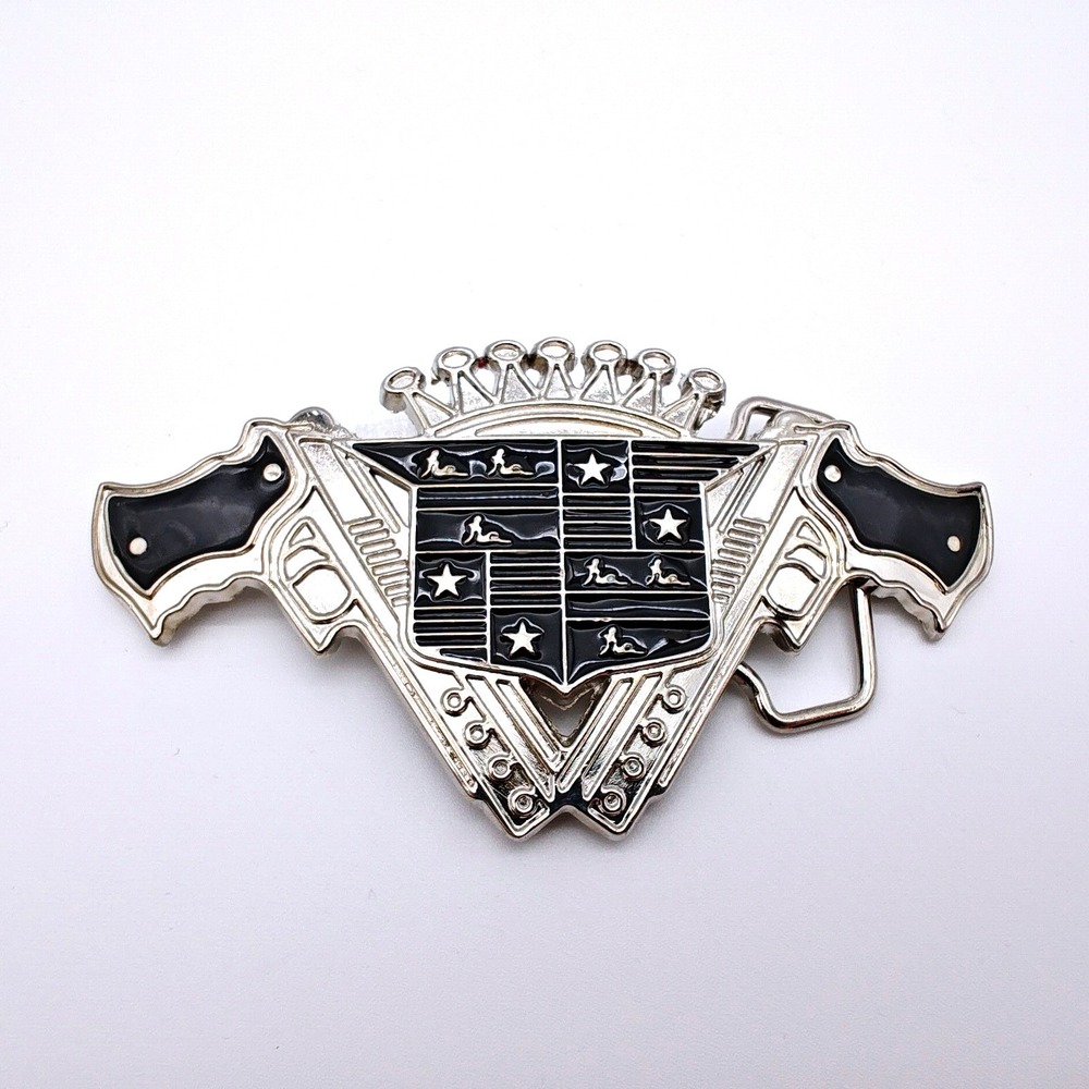 Western Outlaw Style Belt‎ Buckle Crossed Revolvers Silver Tone Black Enamel